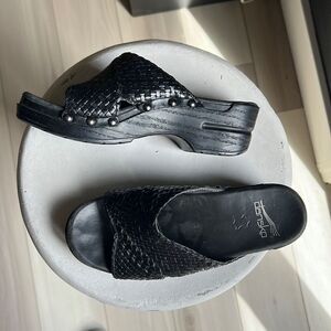 Dansko Heeled Sandals Platform Black Woven Clog Sandal